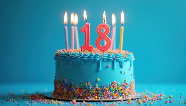 Birthday cake with lit candles number eighteen. Blue icing, colorful sprinkles. Isolated on blue background. Celebration, party for birthday. Anniversary. Festive, dessert for happy moment, fun.