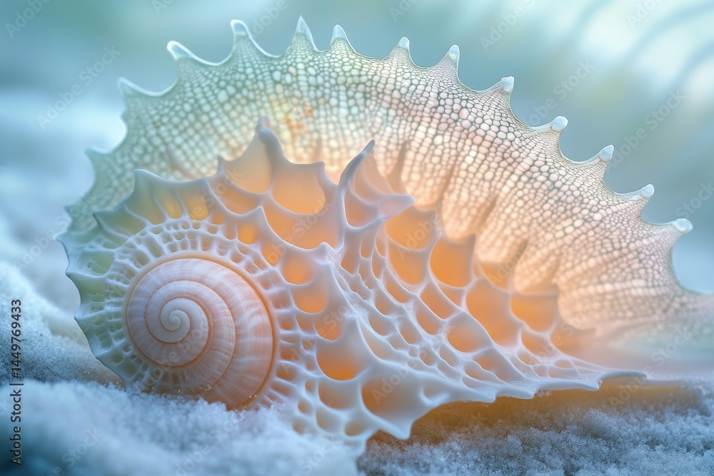 Poster intricate, delicate seashell with a lattice-like structure rests on sand, showcasing nature's artist