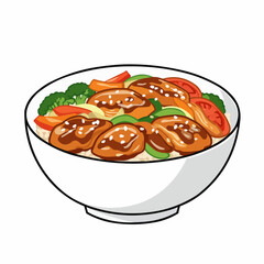 A vibrant illustration of a bowl filled with glazed chicken and mixed vegetables