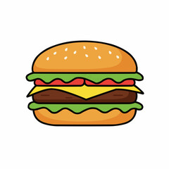 A cartoon burger with sesame bun, lettuce and tomato layer