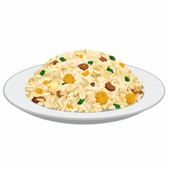 Plate filled with savory rice, speckled with meat and vegetables on a plate