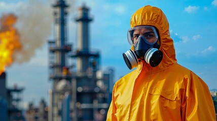 A man wearing a gas mask and protective gear in front of an oil refinery