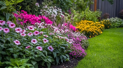 Naklejka premium Lush garden flowers along the grass lawn in the summer landscape vibrant blossoms