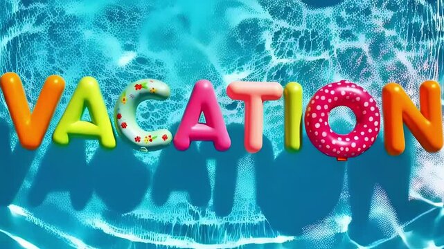 Colorful inflatable pool party spells out "vacation" with playful floaties in sparkling water