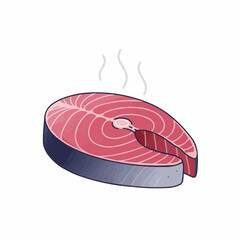 Cartoon illustration of a steaming slice of pink meat with white fat