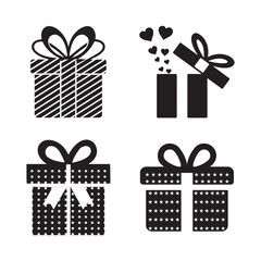 Black gift box icon set with ribbons and patterns, ideal for birthday cards, festive packaging, holiday decoration design