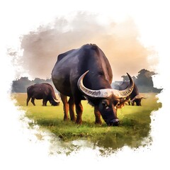 Obraz premium Asian Water Buffalo Grazing in a Lush Meadow at Sunrise. A painted style illustration of water buffalo in a peaceful natural setting.