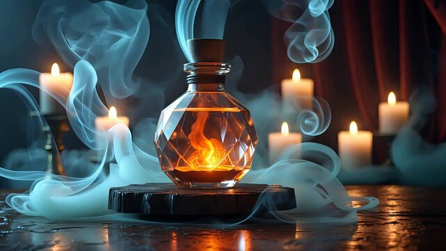 A mystical potion in a glass bottle, emitting smoke and surrounded by flickering candles, casting a magical and enchanting ambiance in the dark.

