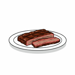 Juicy piece of steak on a white plate, cartoon style food illustration close-up view