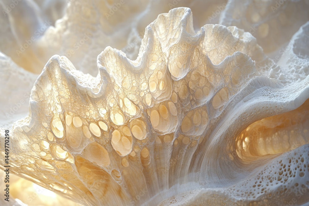 Poster intricate, porous structure of a bleached coral, revealing its delicate, wave-like form and internal