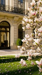 A flowering tree in front of a large white house