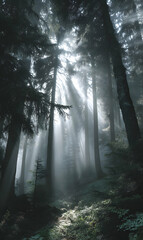 Fototapeta premium Enchanting sunbeams pierce the forest canopy creating a mystical atmosphere in the dark woodland