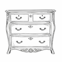 Hand-drawn sketch of vintage wooden chest with drawers and metallic handles