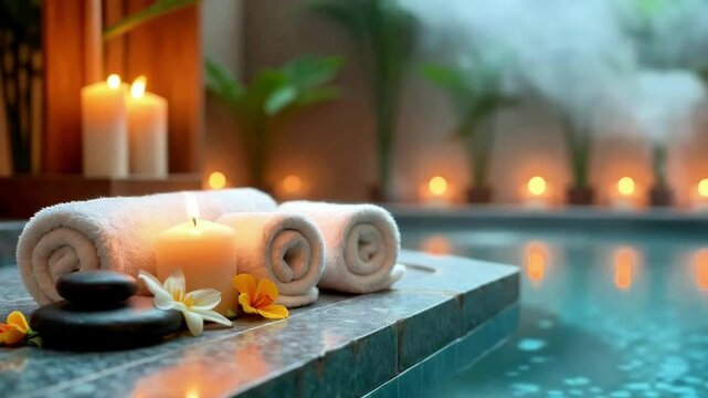 Relaxing spa ambiance with candles and towels by a tranquil poolside