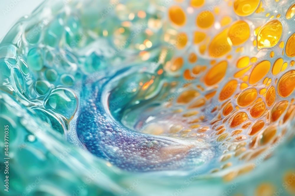 Poster abstract art showcasing vibrant teal and amber glass, with bubble-like textures creating a mesmerizi