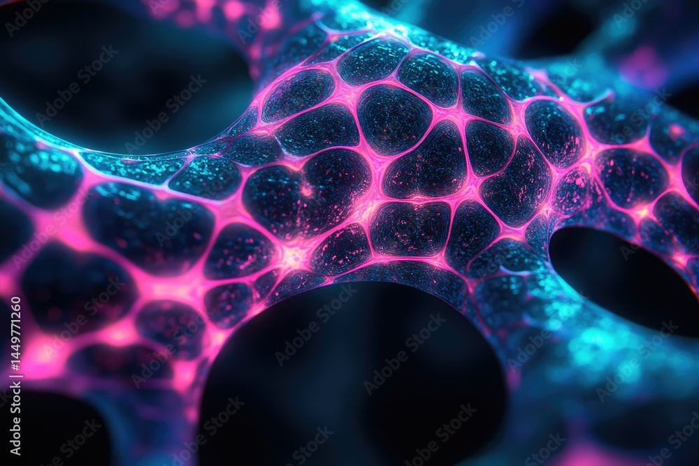 Poster Abstract representation of a neural network, showcasing interconnected nodes glowing in vibrant pink and teal.