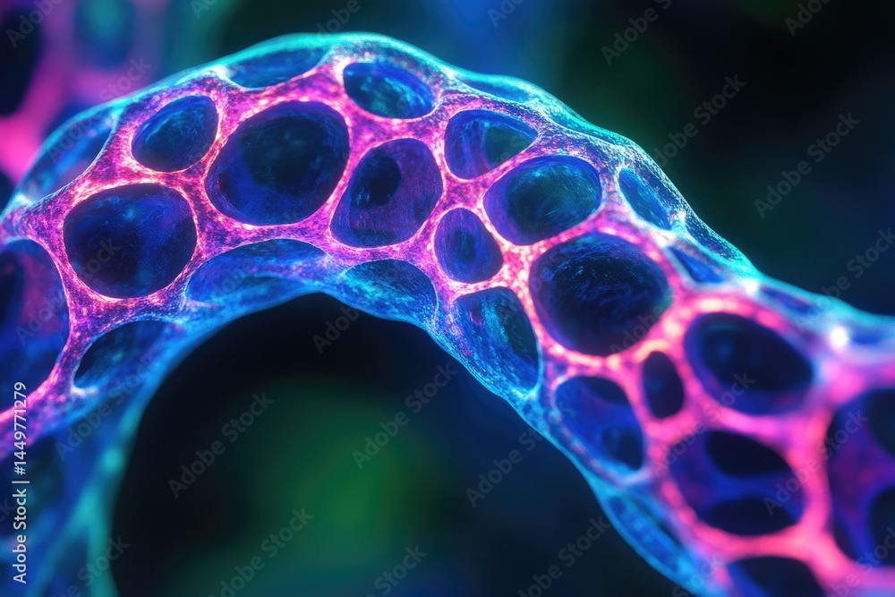 Aufkleber abstract microscopic structure with vibrant pink and blue glowing network, resembling a complex biol