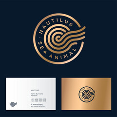 Nautilus Spa logo. Golden Nautilus spiral shell with tenctacles in circle and letters. Identity, business card.
