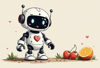 Friendly AI Robot with Heart Surrounded by Fruits  