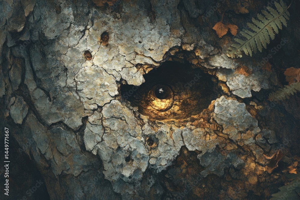 Poster an eye peering from a weathered tree trunk, creating a surreal and mysterious image.