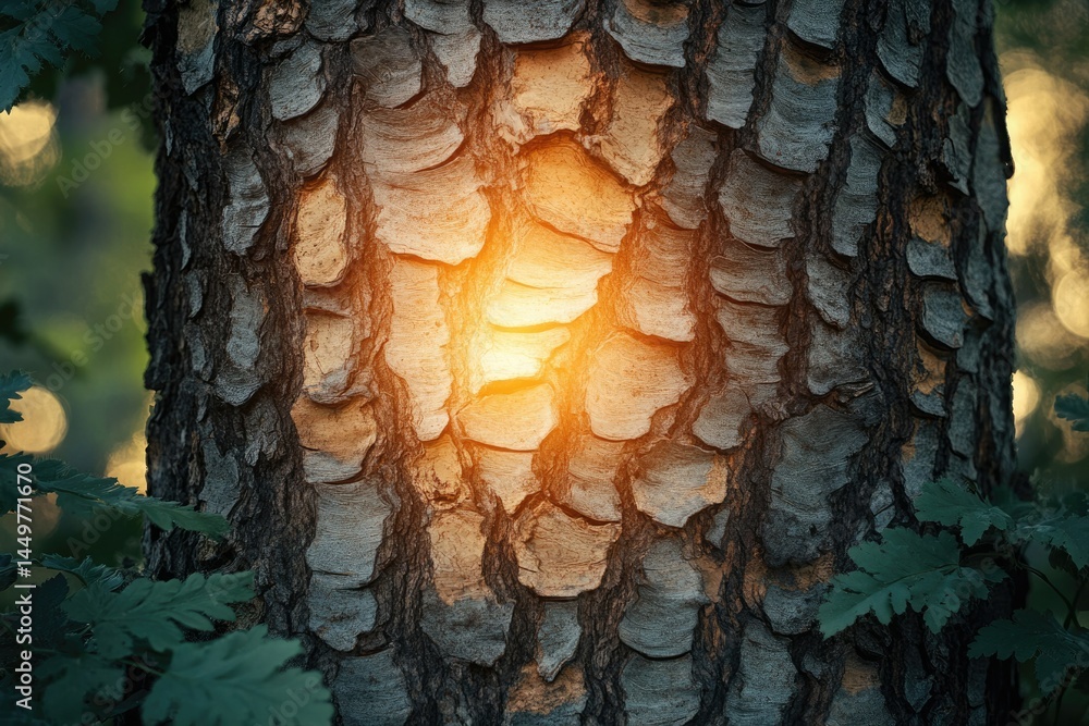 Poster sunlight illuminates the textured bark of a tree, creating a warm, natural glow.