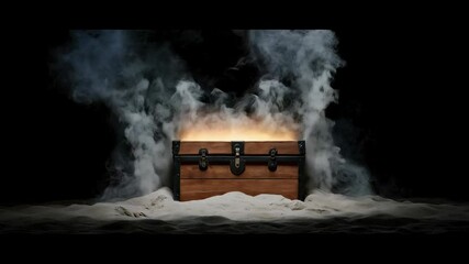 A wooden chest is lit up with a light, and smoke is coming out of it - Powered by Adobe