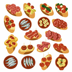 Assorted toasts with various toppings such as salami, tomatoes, fish, and potatoes