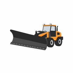 Black and orange vehicle has big black blade for moving snow, etc.