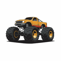 Cartoon drawing of a big yellow truck with giant tires on a white background