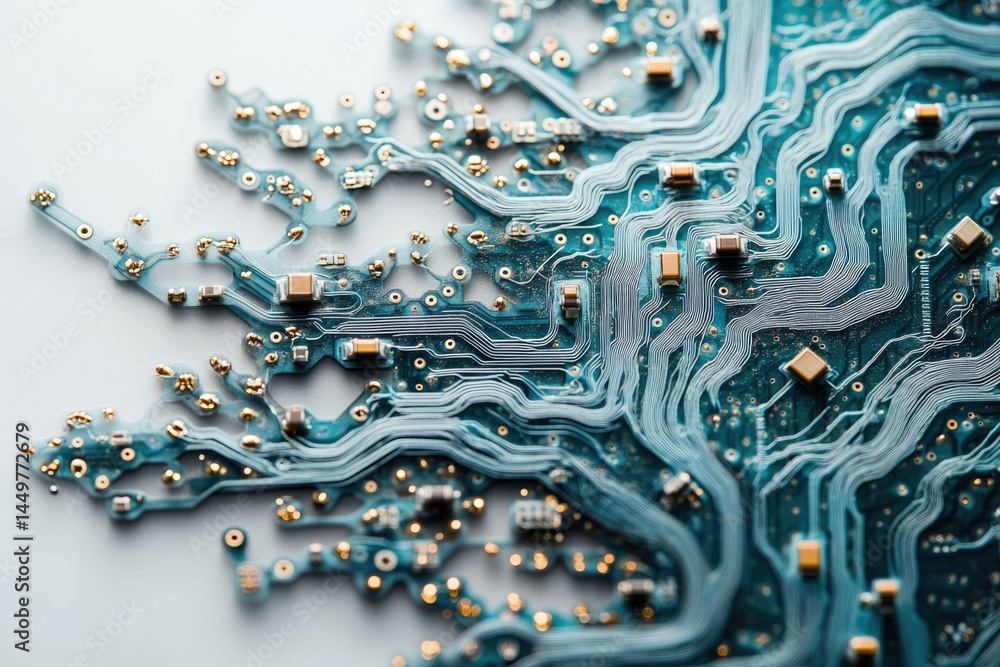 Poster Close-up of a complex teal circuit board showcasing intricate pathways and components.