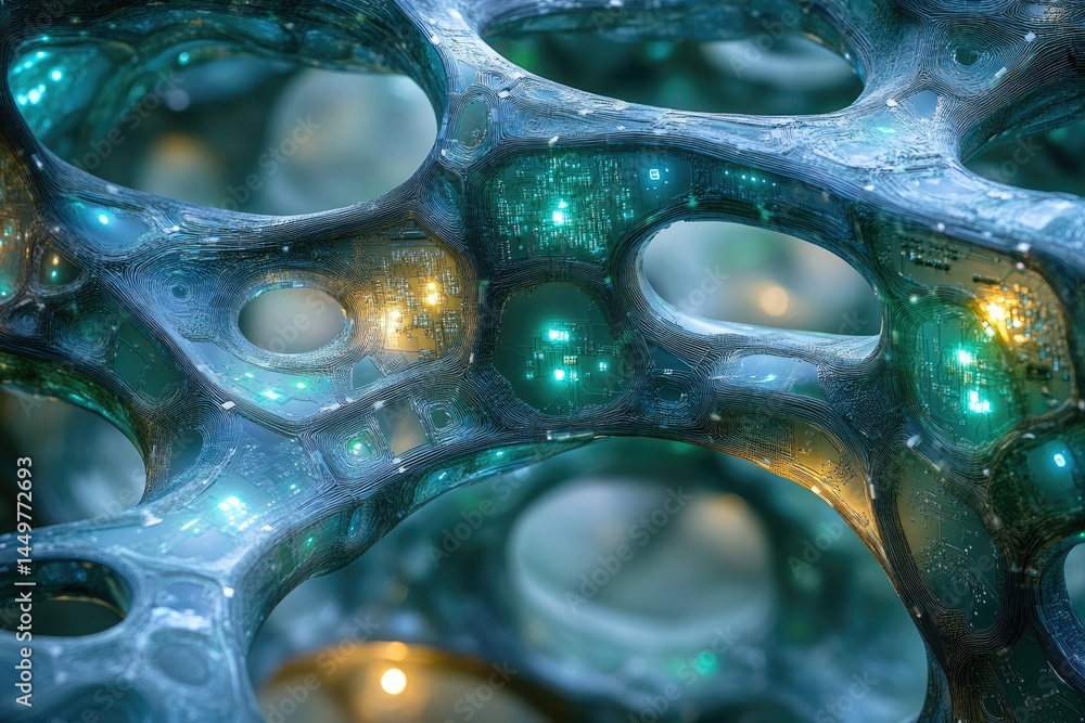 Aufkleber Abstract digital art depicting a bioluminescent, interconnected network resembling a futuristic organic circuit board.