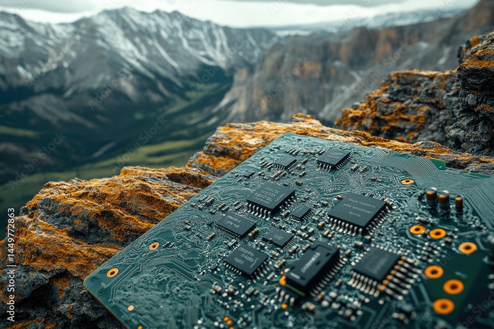 Aufkleber a circuit board rests on a rocky mountaintop overlooking a vast, snow-capped mountain range.