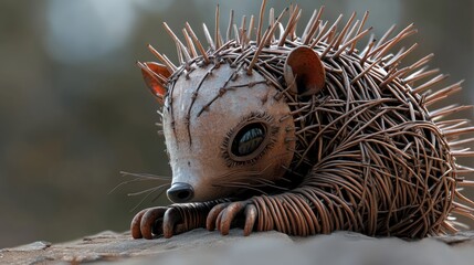 Obraz premium Wire hedgehog curled into a sphere, spiky back constructed from many short wires, creating a tactile effect.