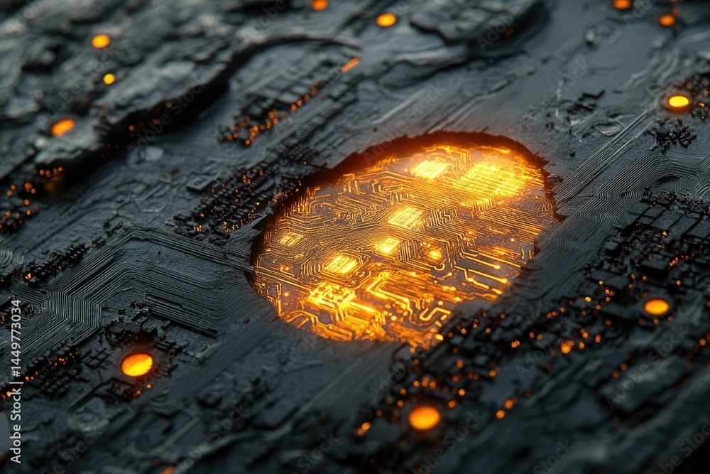 Aufkleber glowing circuitry embedded within a dark, textured surface, resembling a futuristic technological la