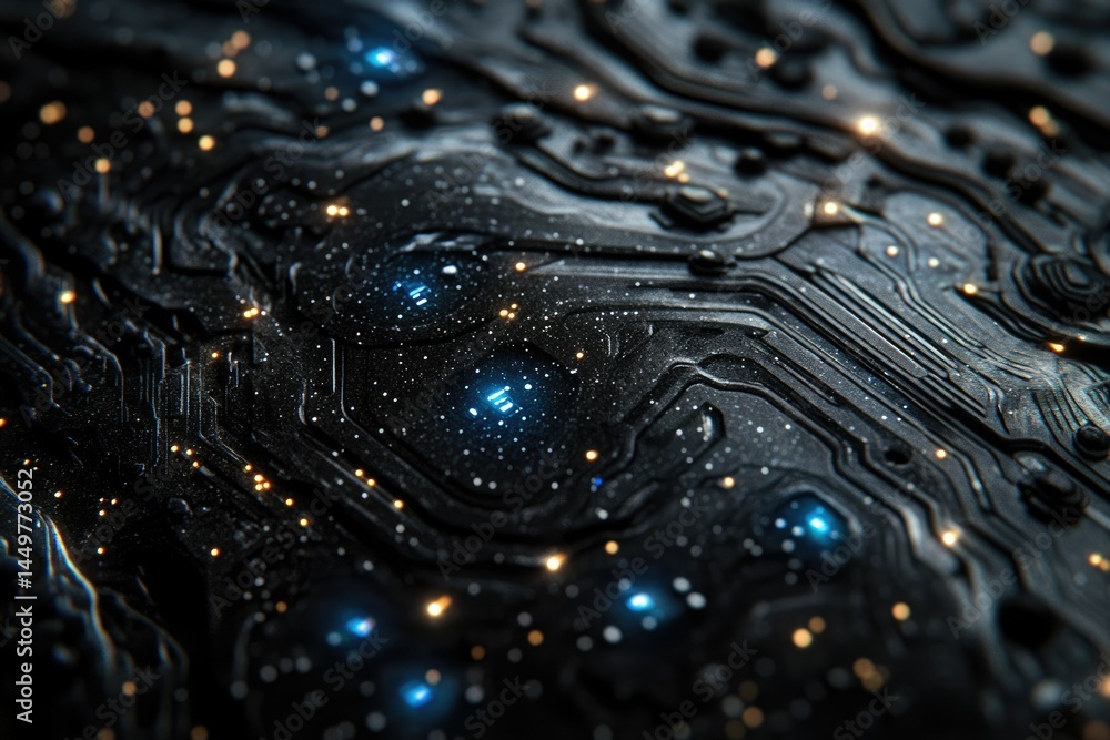 Poster close-up of a futuristic, dark circuit board with glowing lights, resembling a technological galaxy.