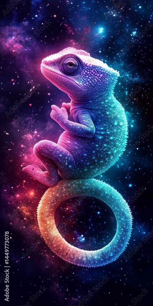 Poster cosmic chameleon, a rainbow lizard in a nebula, blending with colorful galactic canvas