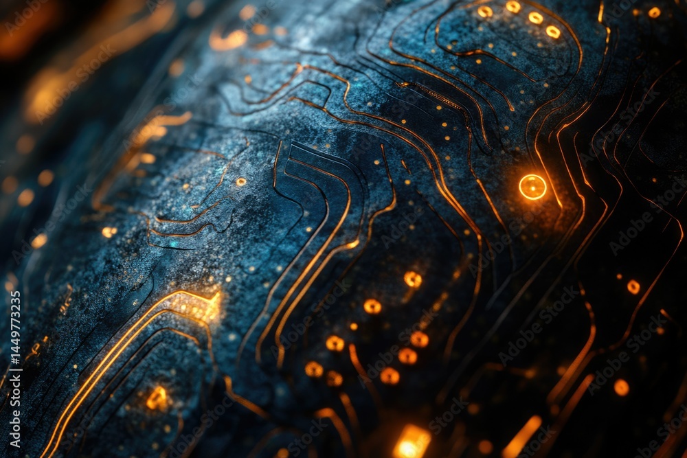Aufkleber abstract close-up of a futuristic circuit board with glowing orange lines on a dark, textured surfac