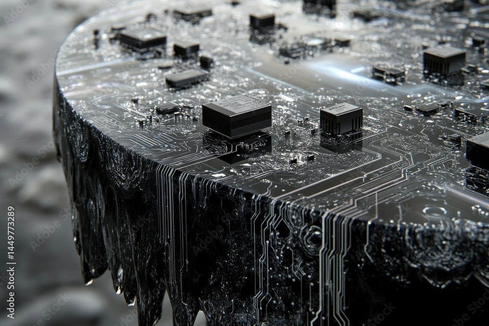 Poster A futuristic circuit board, seemingly melting or dissolving, evokes concepts of technological obsolescence and the transient nature of innovation.
