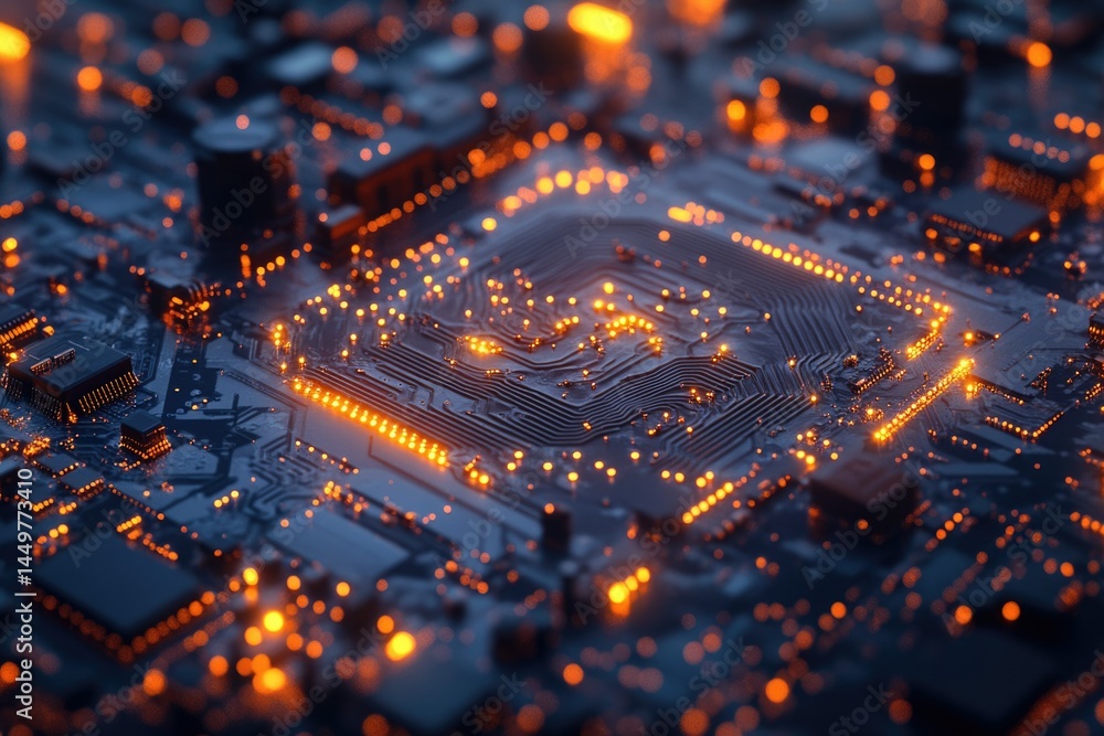 Aufkleber Close-up of a circuit board showcasing intricate pathways and glowing components, representing technological advancement.