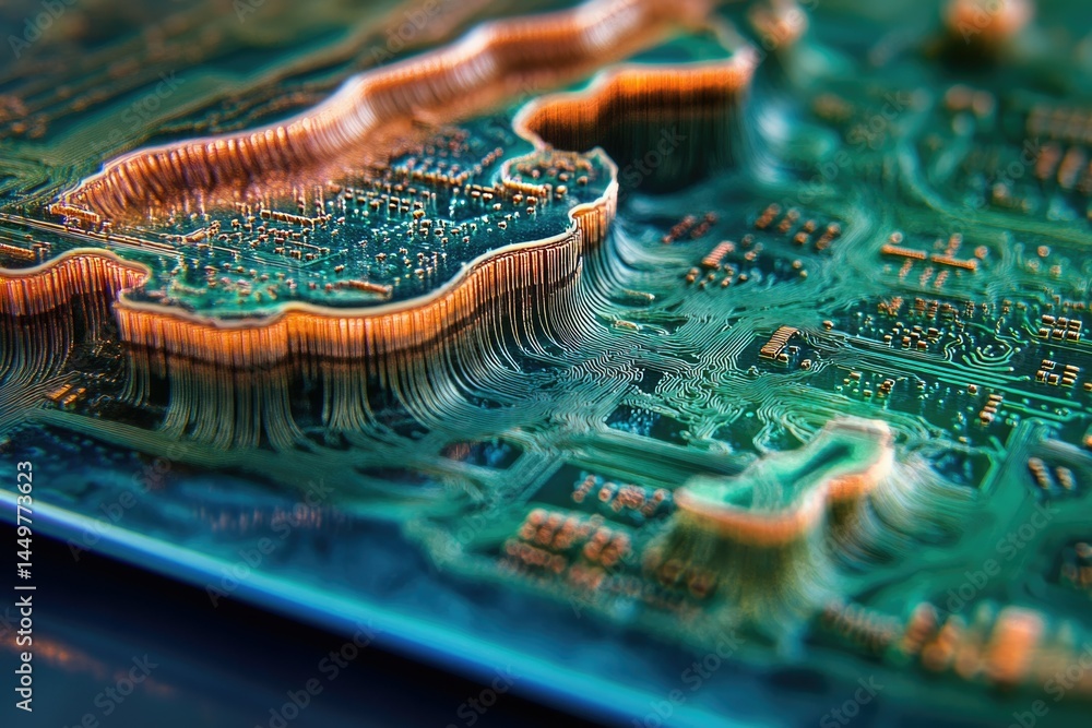 Poster Close-up of a circuit board's intricate design, showcasing its complex layers and copper pathways.