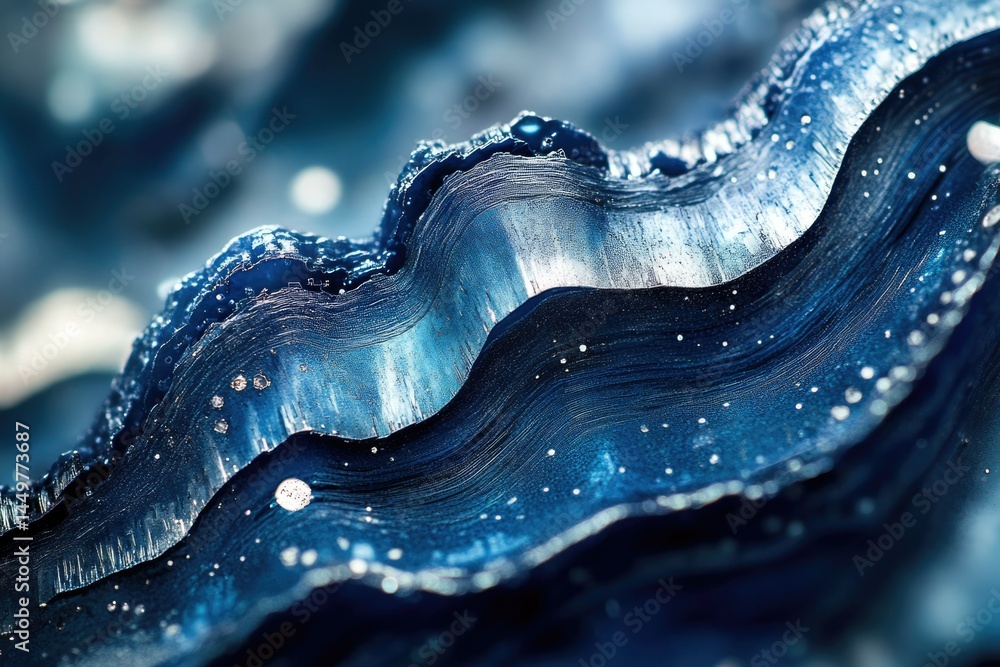 Poster close-up view of layered, wavy blue mineral with sparkling inclusions, resembling abstract art.