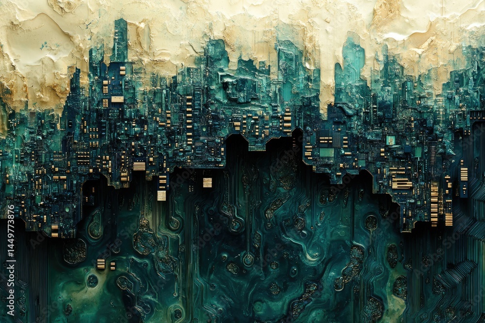 Poster abstract artwork depicting a futuristic city built on a circuit board, merging technology and nature