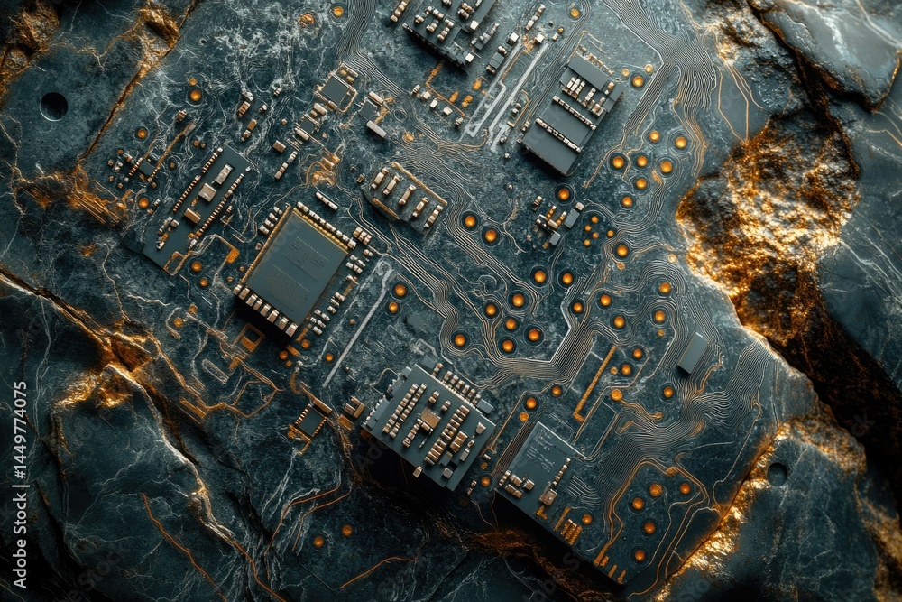 Poster A circuit board embedded in a stone-like texture, showcasing intricate electronic components and gold accents.