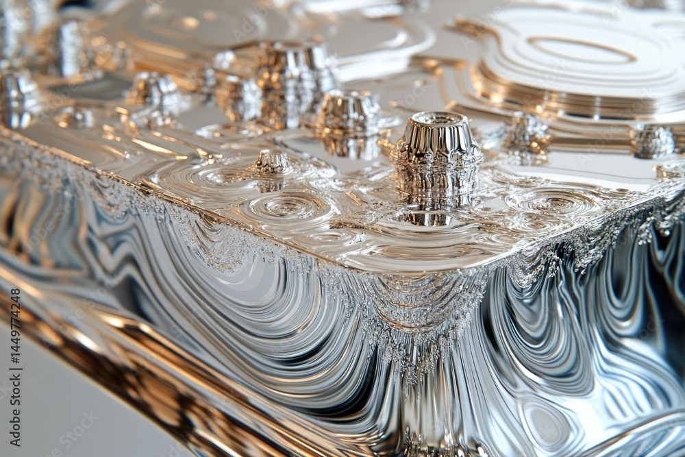 Poster Close-up of a metallic surface with intricate swirling patterns and textured details, resembling a futuristic landscape.