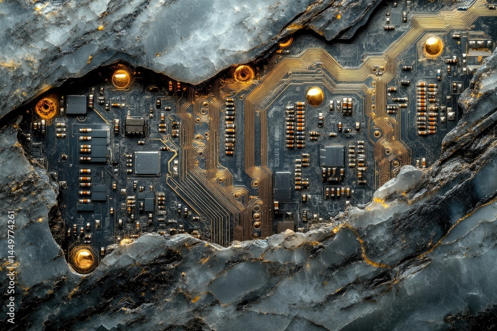 Poster a circuit board embedded in a cracked, dark stone, showcasing the contrast between technology and na