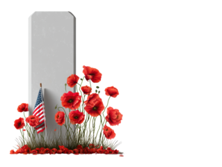 Tribute with flowers and flag honoring our heroes, cut out