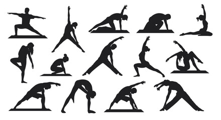 Collection of Yoga Poses Black and White Silhouettes for Fitness and Wellness Designs