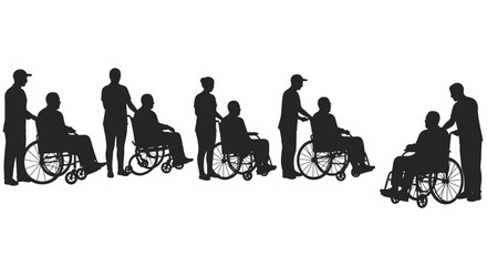 Obraz premium Silhouette Collection People in Wheelchairs, Assistance and Support
