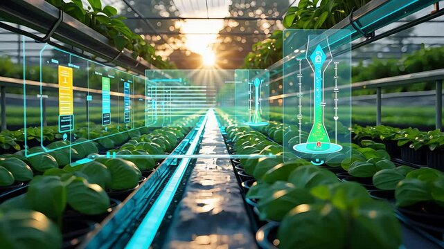 Futuristic greenhouse with high-tech, digital elements integrating smart farming technology to enhance plant growth and cultivation in a vibrant, sunny environment.

