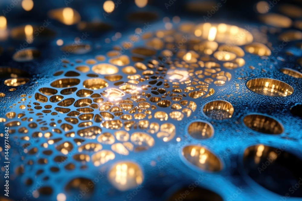 Poster abstract close-up of a metallic surface with intricate, gold-filled, organic patterns. glowing, text